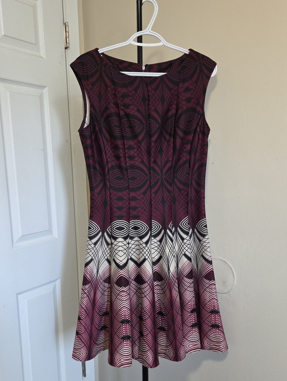 Gabby Skye Burgundy and White Patterned Fit-and-Flare Dress